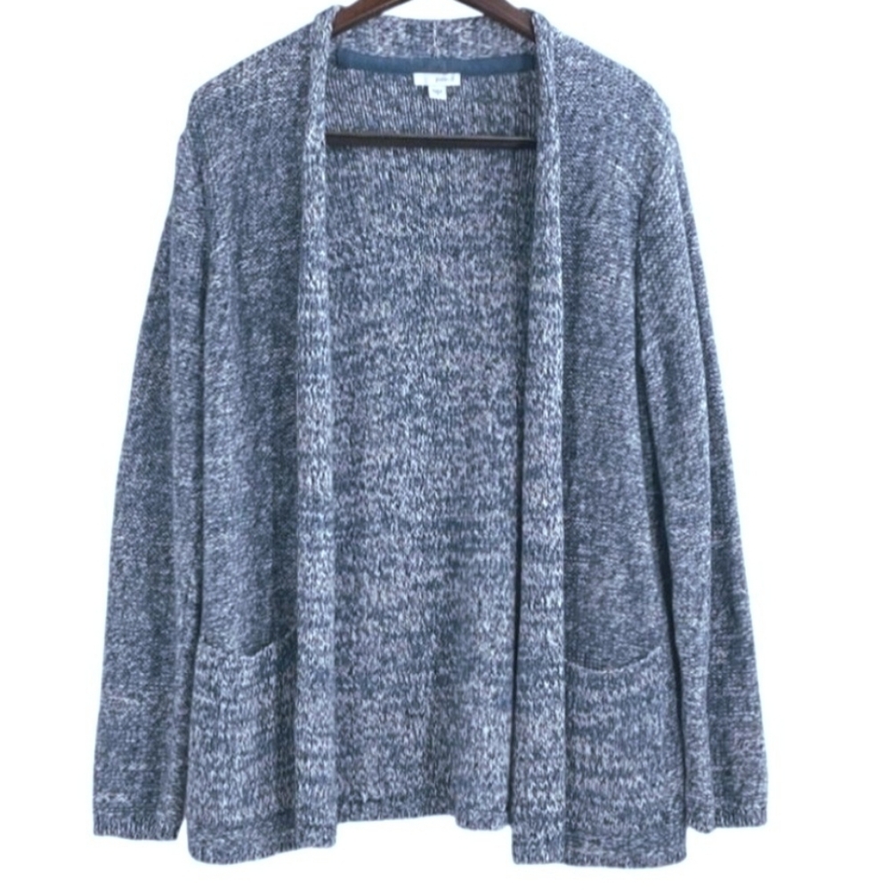 Pure Jill Navy White Marled Open Cardigan Pockets 100% Cotton Size M Petite